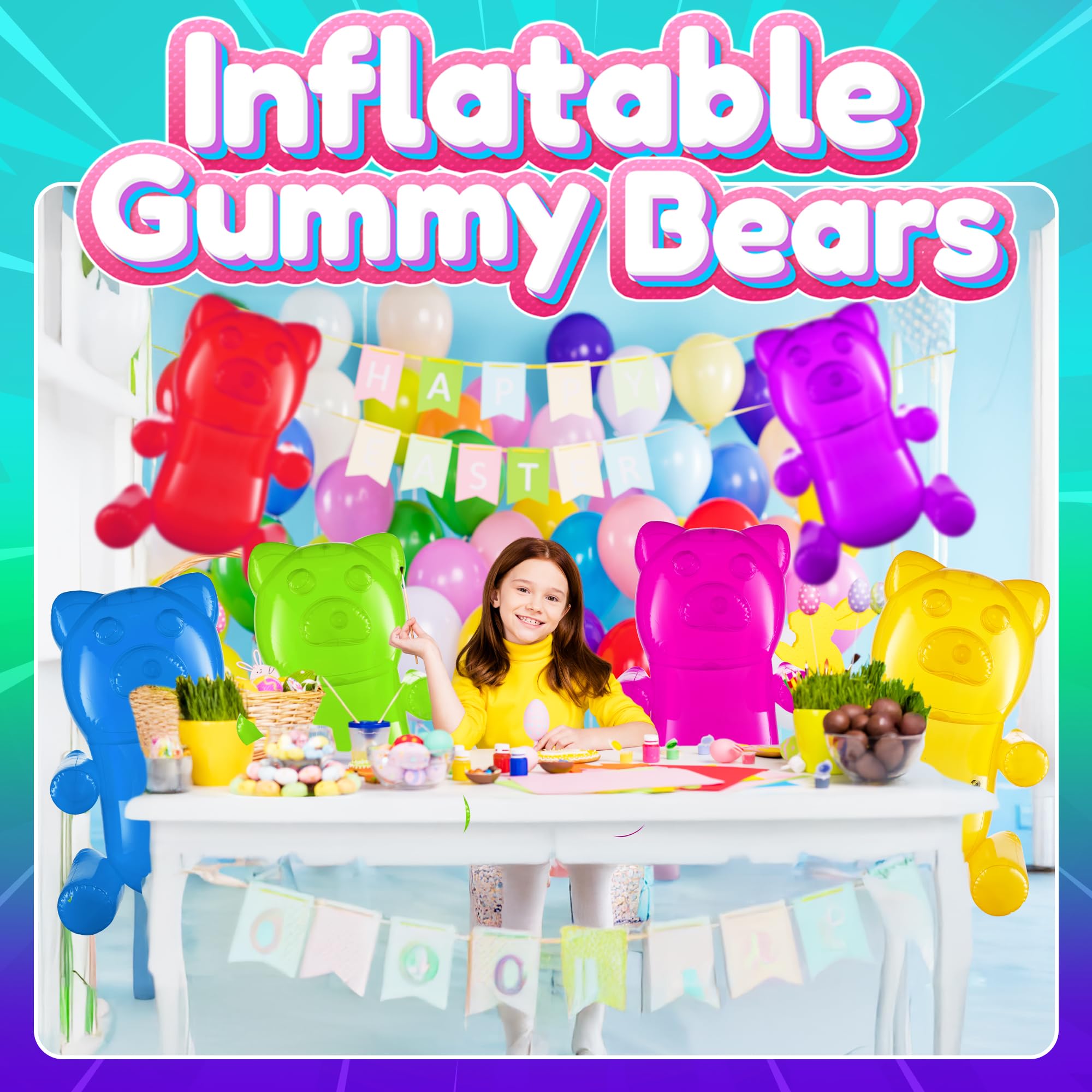24" Inflatable Gummy Bears (Pack of 6) Huge Blow Up Pool Toys, Fun Photo Booth Props and Big Gummy Bear Decorations for Kids Birthday Parties and Themed Candy Land Party Decor Supplies